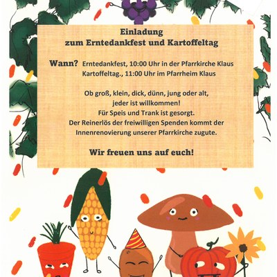 Die Pfarre Klaus lädt zum Erntedankfest und Kartoffeltag am Sonntag, den 2.10.20202 ein!